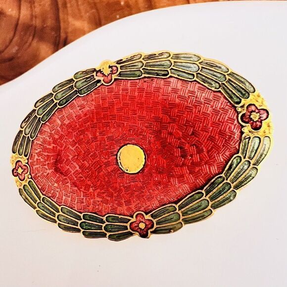 Vintage Metalic Enamel Brooch Oval Flower Floral Gold Green Red Tone  1441 - Picture 1 of 9